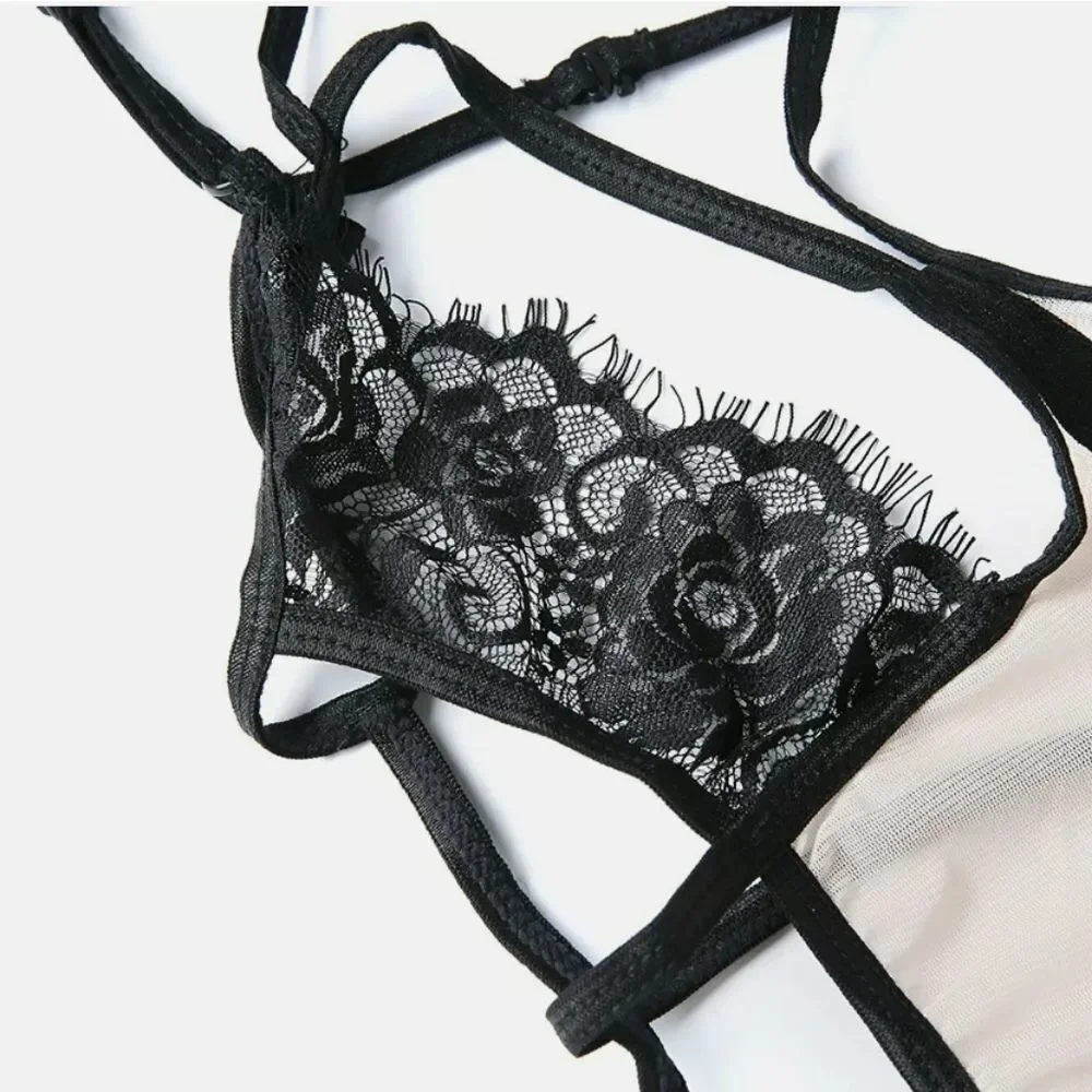 Deep-V Lace Dress Open Cup Underwear Babydoll Sleepwears Underwear + G string